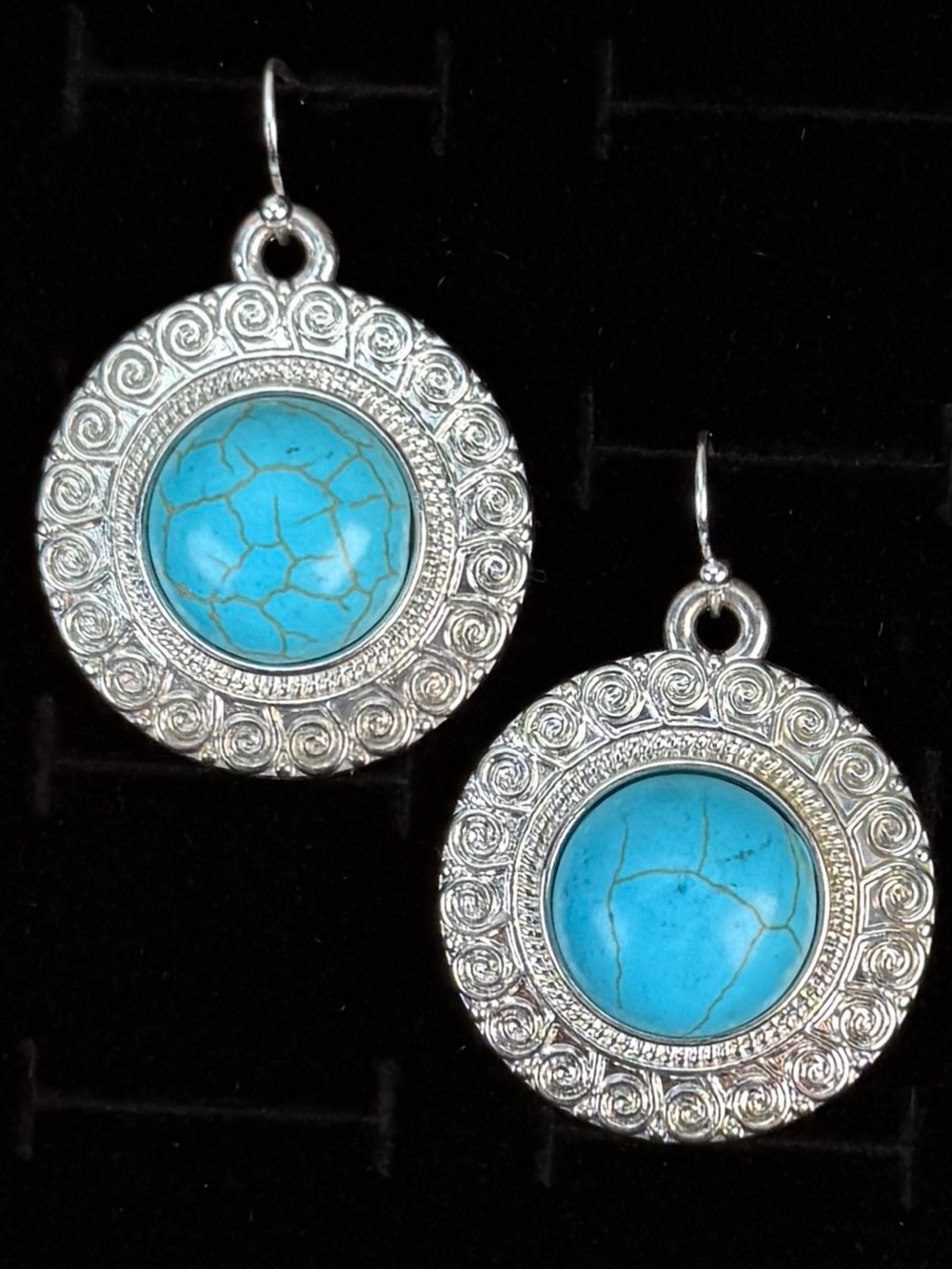 Southwestern style Silvertone Faux Turquoise Blue Weighted Pierced Earrings